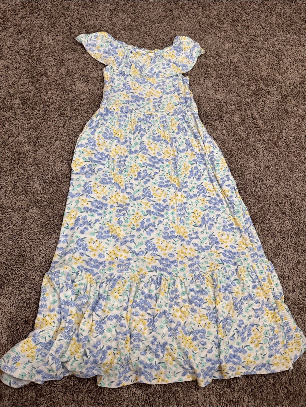 Floral Ruffle Maxi Dress in Blue & Yellow
